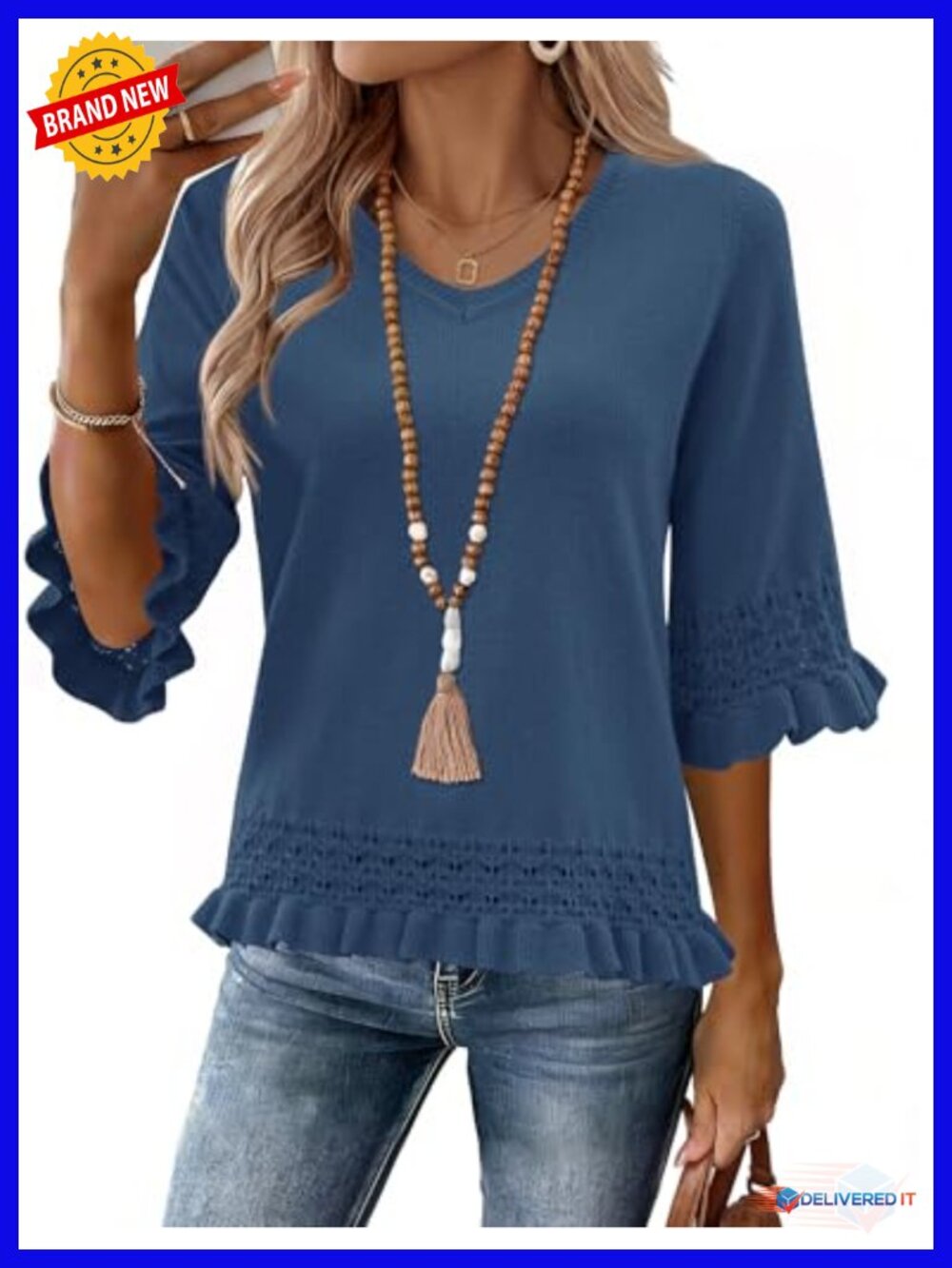 Womens V Neck Peplum Sweater 3/4 Sleeve Ruffle Knit Lightweight Pullover